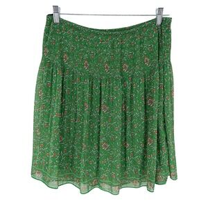 Max Studio Mini Skirt Floral Flowy Smocked Waist L Green Boho Chiffon Lined